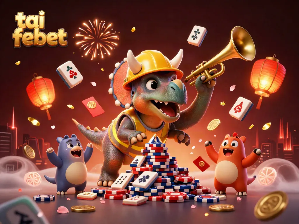 Experience the excitement of tai febet with a vivid illustration showcasing a triceratops celebrating in a casino