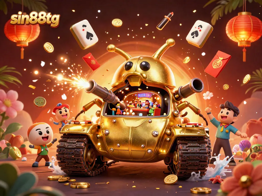 Engage in thrilling gaming action at sin88tg's vibrant 3D casino scene, featuring unique characters and festive elements.