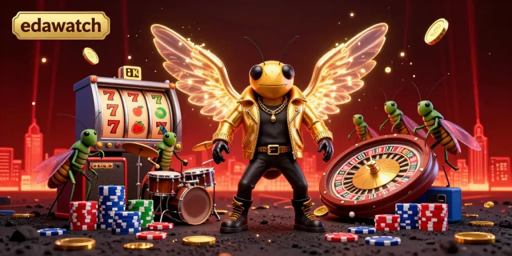 Experience edawatch with a vibrant casino scene featuring a cicada rock star and dynamic gaming elements.