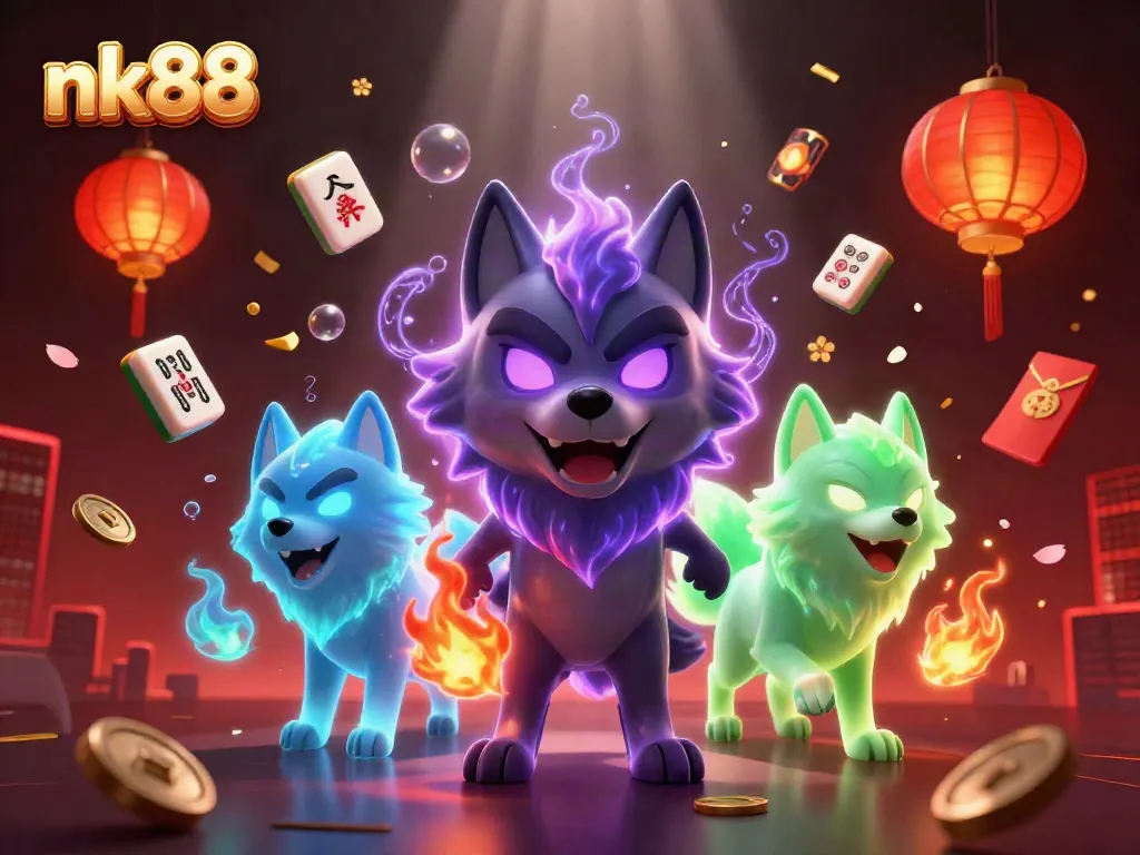 Engage with thrilling nk88 gameplay amidst 3D wolves and vibrant casino elements.