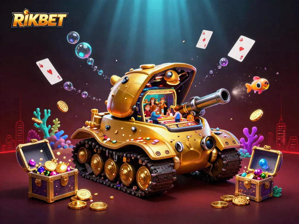 Experience the thrill of RIKBET in this vibrant 3D illustration showcasing a golden beetle tank filled with casino adventures.