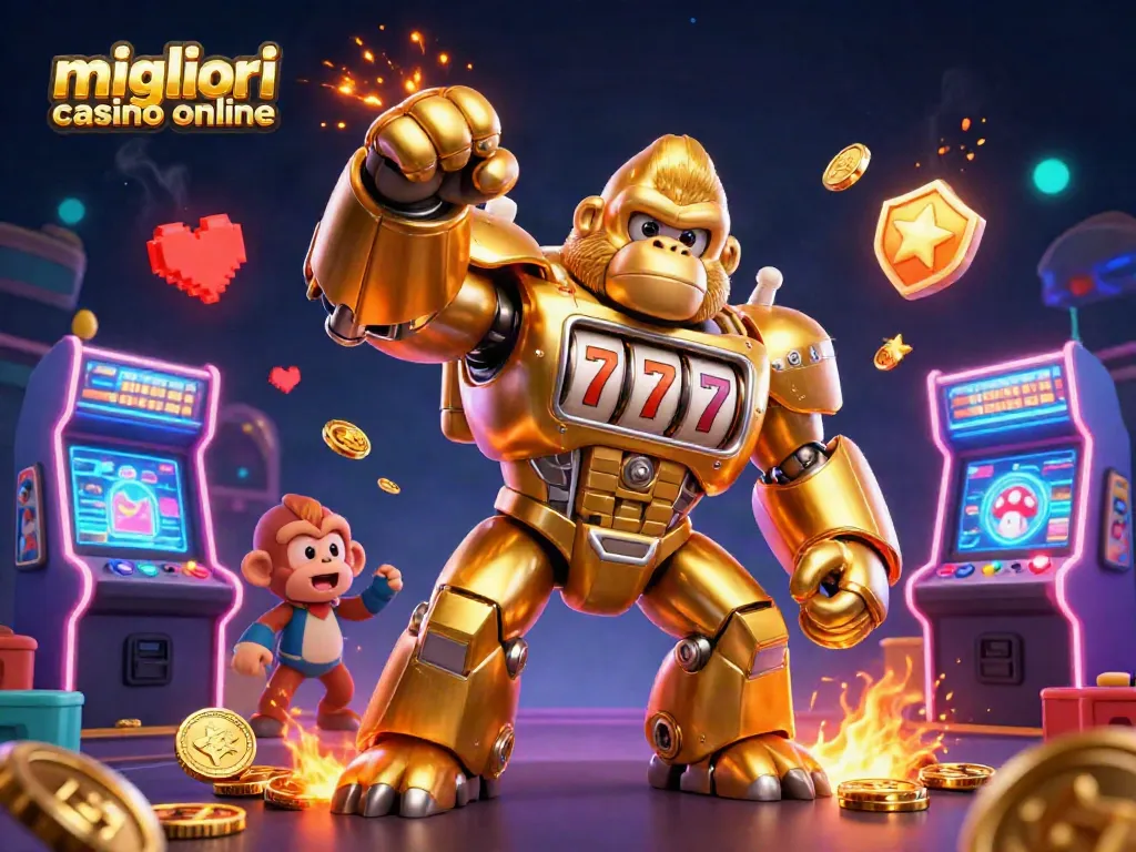 Migliori casino online con esplosione di monete e un mech gorilla dorato nella scena di gioco.