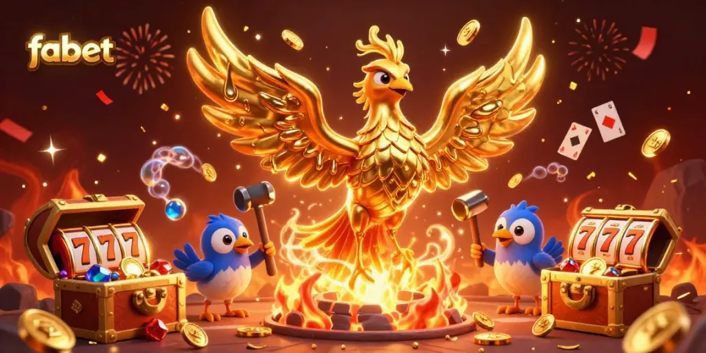 Experience the thrill of fabet with a detailed illustration featuring a golden phoenix amidst vibrant casino elements.