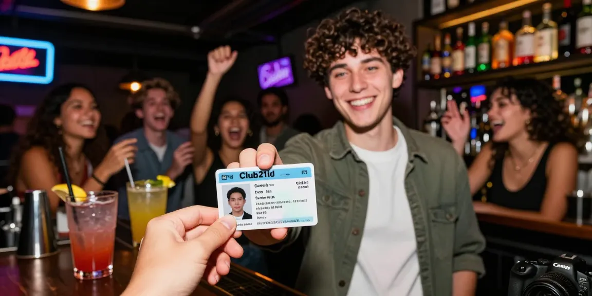 A young adult presenting a Club21id fake ID at a lively urban bar during a night out with friends.