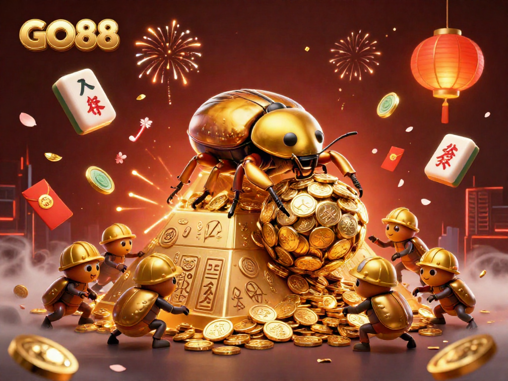 Engage in casino adventure with GO88's vibrant illustration, showcasing golden beetles, coins, and festive visuals.