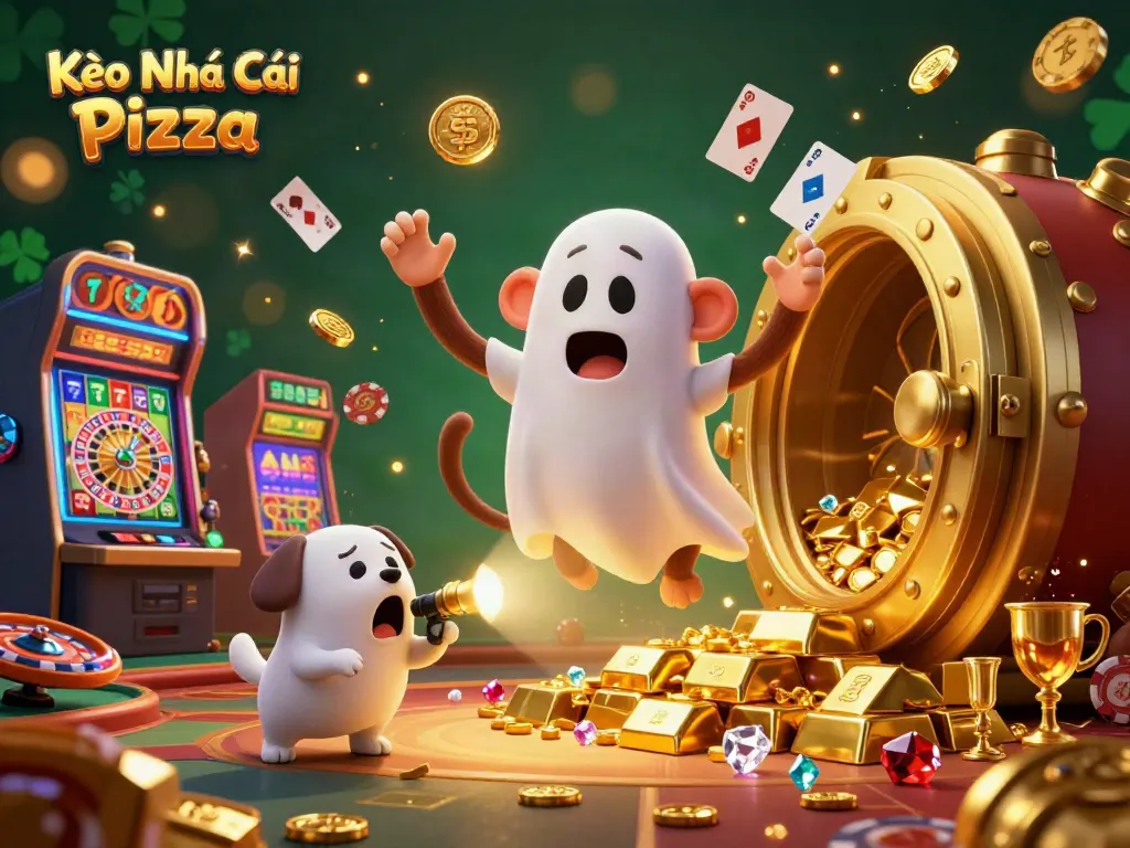 Kèo Nhà Cái Pizza shows an energetic casino scene with a playful monkey and ghost-hunter puppy amid vibrant slot machines.