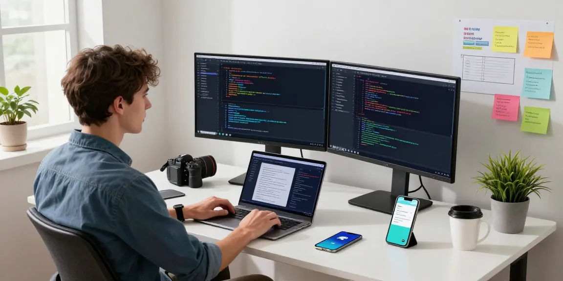 Telegram下载 in a modern tech workspace with a developer coding on dual screens, vibrant user interfaces, and coffee.