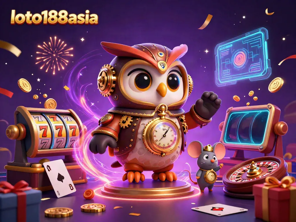 Experience thrilling luck with loto188asia in a vibrant 3D casino adventure with time-traveling characters and games.