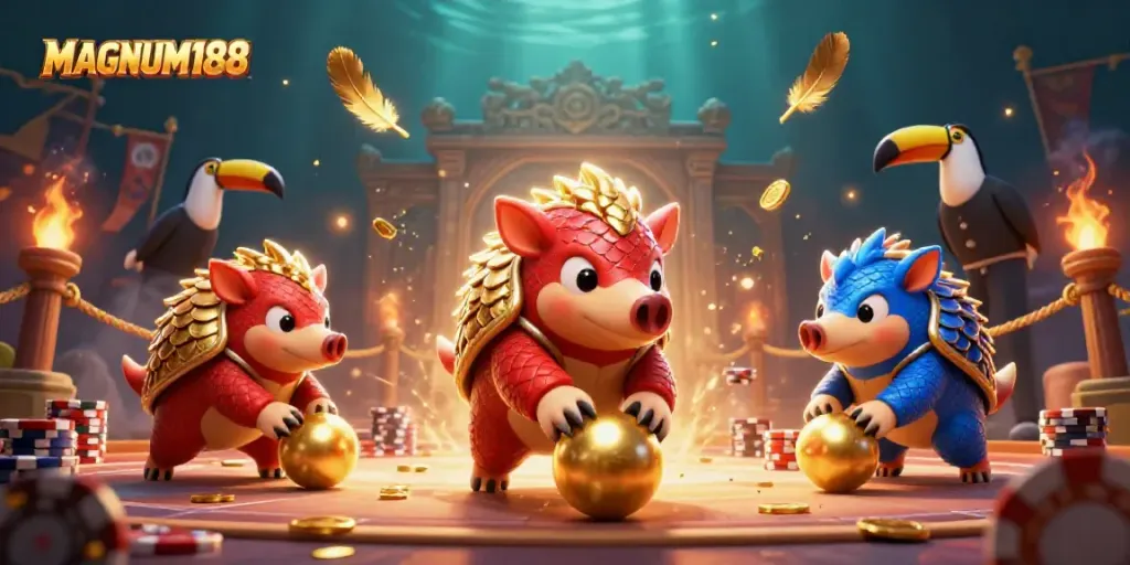 Watch MAGNUM188 pangolins competing in a colorful 3D casino arena filled with poker chips.