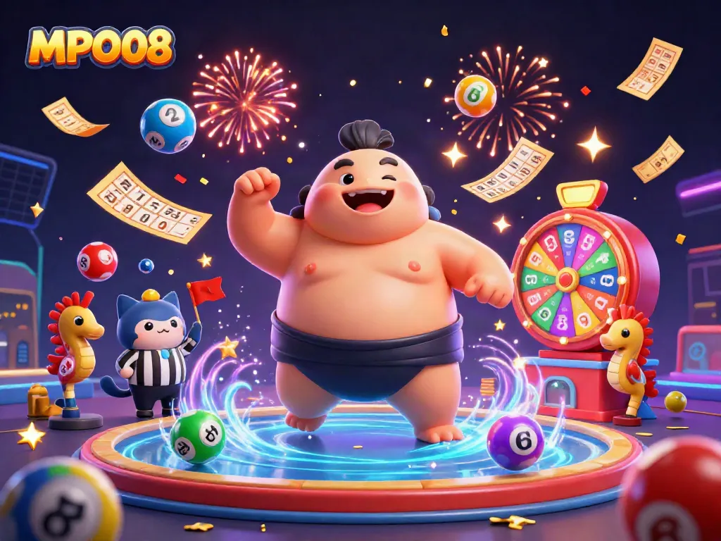 Engage with MPO08 in a lively underwater casino scene featuring a sumo fugu and lottery elements.