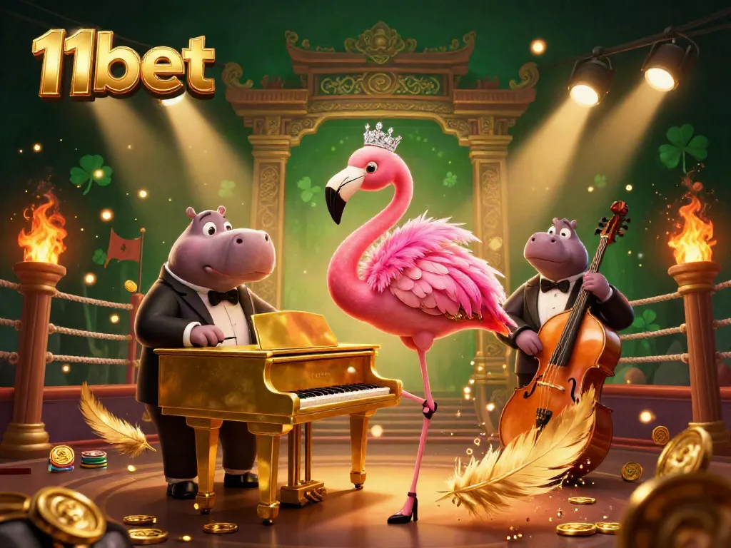 Experience the vibrant energy of 11bet with a lively casino scene featuring a flamingo singer and hippo bassist.