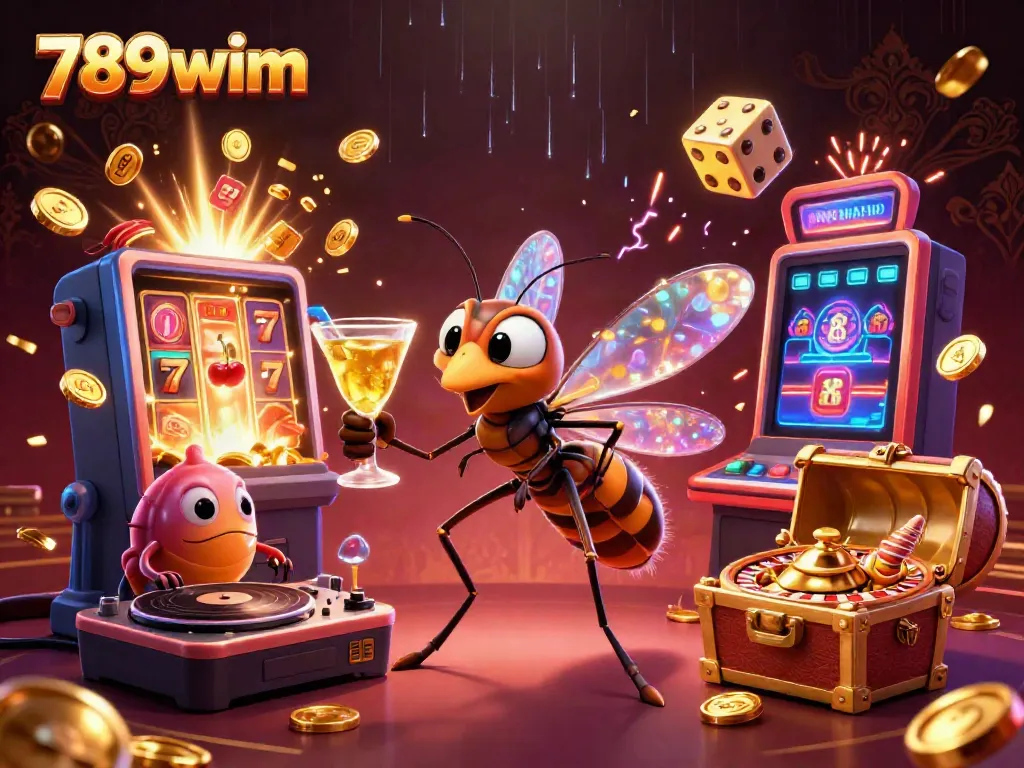 Engage with 789wim's dynamic casino scene featuring a frozen mosquito mascot and a trilobite DJ amidst gaming excitement.