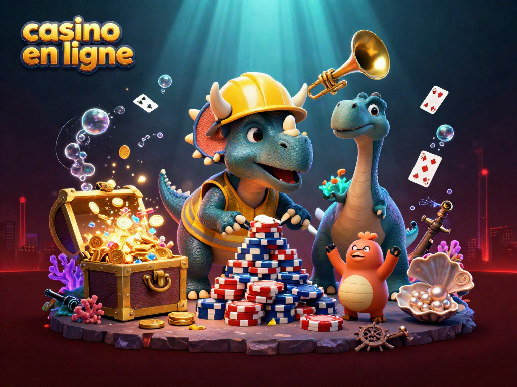 Machine à sous et jeux de casino en ligne animés avec un dinosaure et des éléments de jeu.