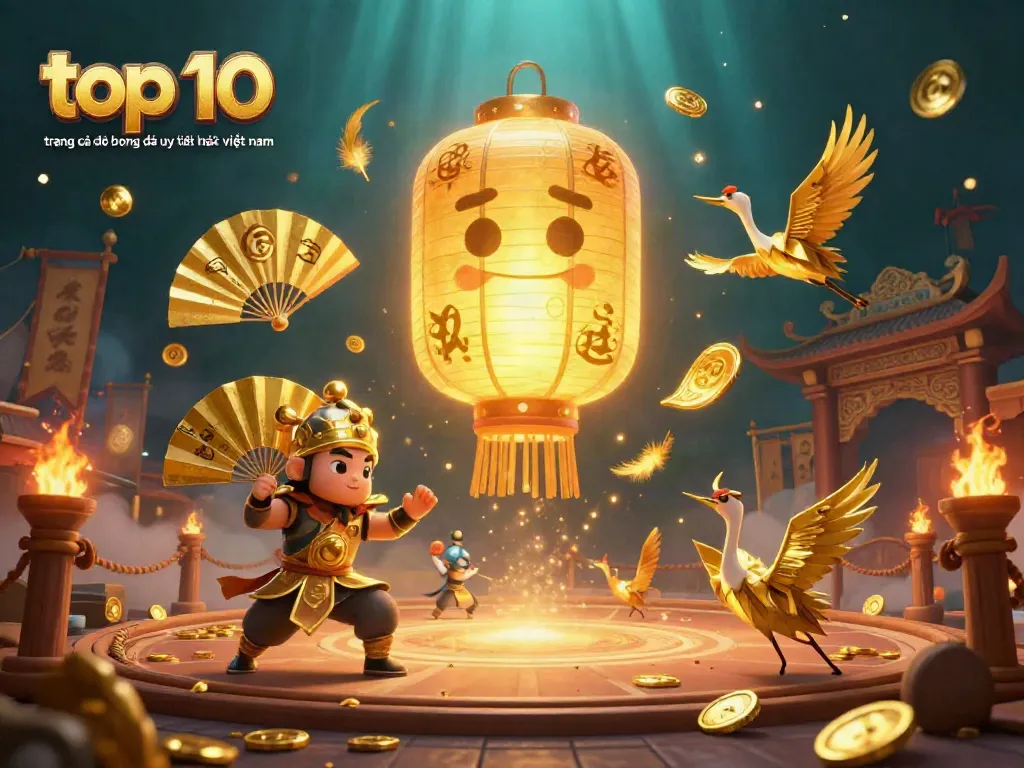 Mô tả hình ảnh về top 10 trang cá độ bóng đá uy tín nhất việt nam với hình ảnh lồng đèn vàng khổng lồ, các chiến binh quạt giấy và máy bay giấy tạo thành biểu tượng may mắn.