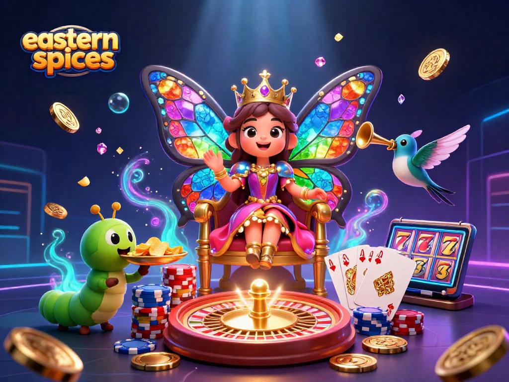 Spin your way to victory with easternspices in a vibrant, dynamic casino scene with a butterfly queen.
