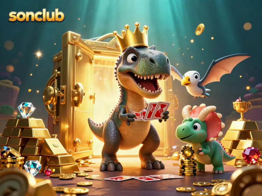 Experience the thrilling sonclub casino with a fun T-Rex and friends amidst sparkling treasures.
