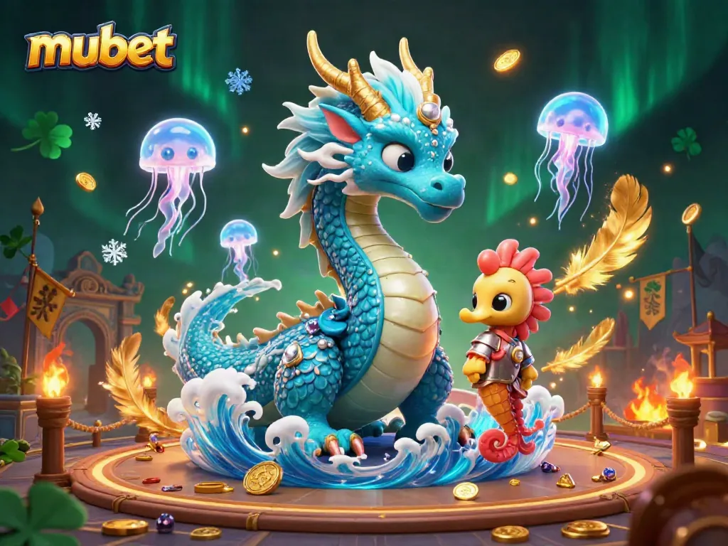 Experience thrilling wins with mubet's casino adventure featuring a water dragon and seahorse knight.