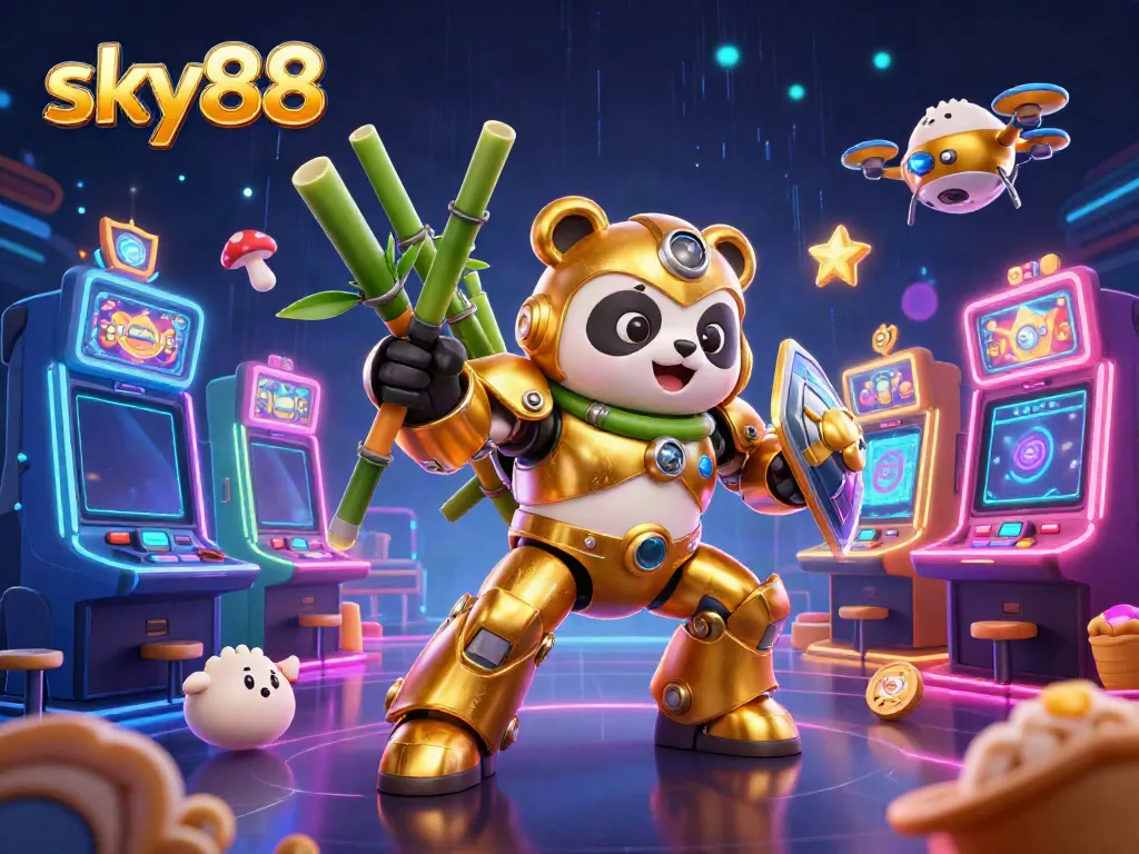 Experience thrilling gameplay at sky88 with a golden panda piloting an exciting casino robot amid vibrant slot machines.