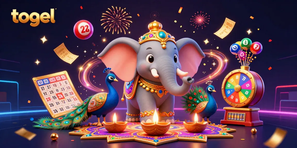 Play togel amidst vibrant lottery elements featuring a Diwali-themed elephant and a peacock in a colorful celebration scene.