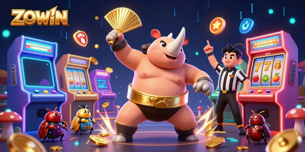 ZOWIN casino scene featuring a rhinoceros beetle champion and referee with vibrant game elements