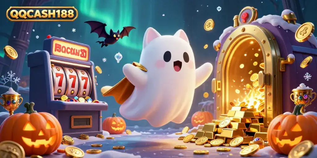 Feeling the thrill at QQCASH188 with a ghost cat and vampire bat amidst slots and treasure.