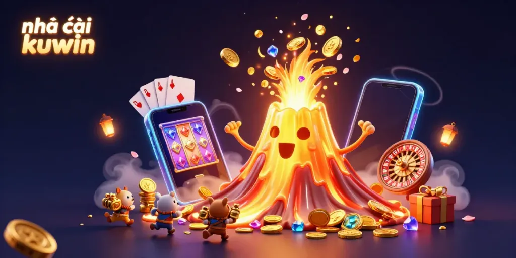 Experience thrilling action at nhà cái kuwin with a vibrant scene of treasure, games, and excitement.