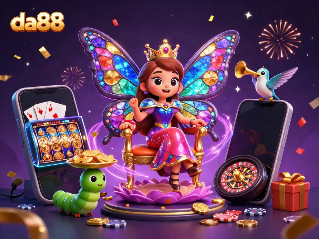 Experience gaming excitement at da88 with a vibrant casino illustration featuring the butterfly queen and slot games.