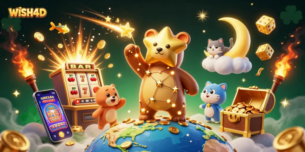 Experience thrilling gameplay with WISH4D's vibrant slot machines and golden elements.