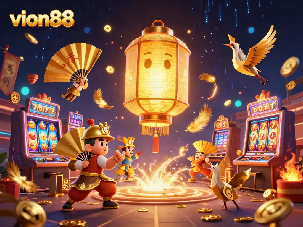 Experience thrilling slots at vion88 with an enchanting golden lantern spirit and vibrant gaming elements.