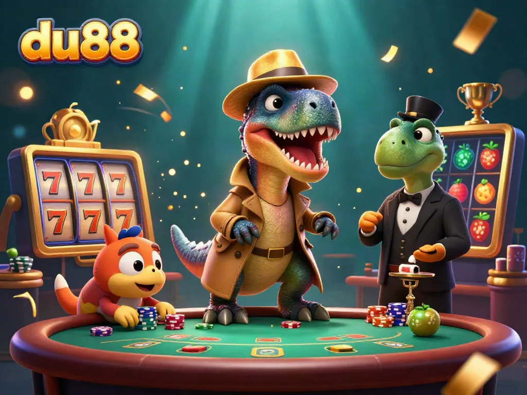 Experience thrilling casino action with du88 as a cartoon velociraptor plays blackjack while others watch closely in a vibrant, dynamic scene.