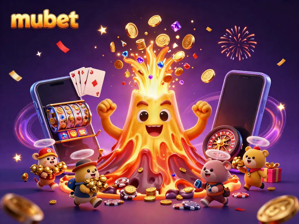 Win big with Mubet in this vibrant, treasure-filled casino illustration featuring explosive winnings.