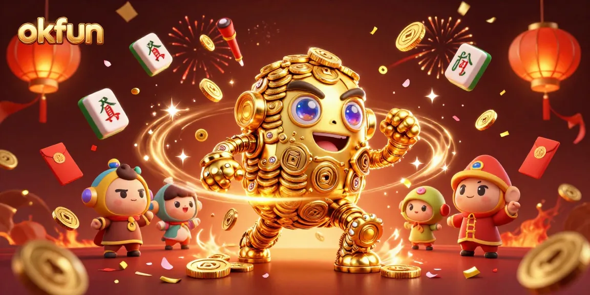 Experience thrilling wins with okfun's golden golem and vibrant casino elements in a dynamic 3D scene.
