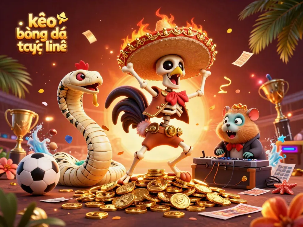 Experience the thrill of kèo bóng đá trực tuyến with vibrant skeleton, mummy, and DJ characters celebrating on gold coins.