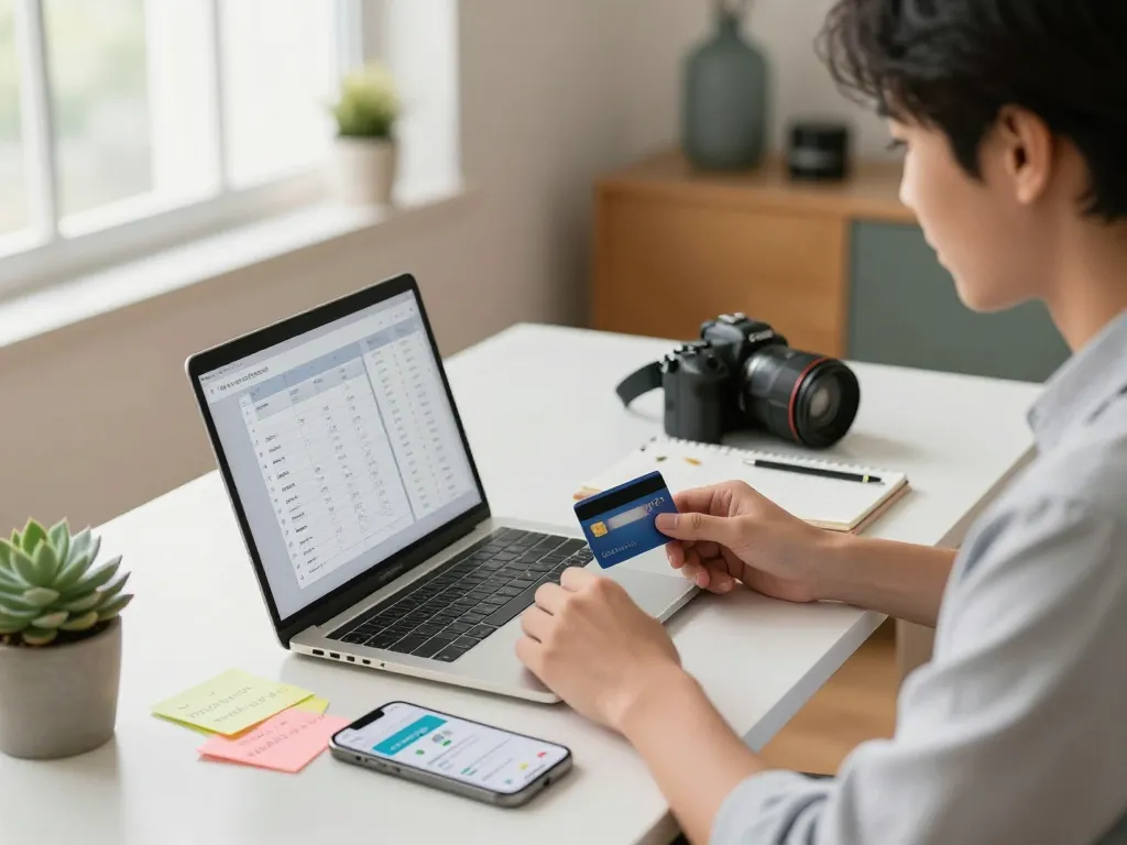 Young professional using Ezzocard virtual prepaid card setup in a modern home office.
