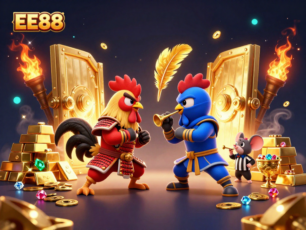 EE88 showcases a thrilling clash between roosters, blending gambling excitement and cartoon style.