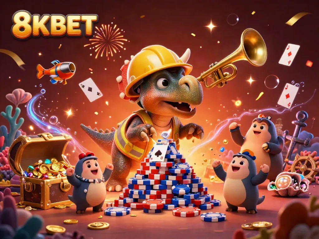8KBET showcases a vibrant 3D illustration of a triceratops building poker chips with festive characters in a lively casino scene.