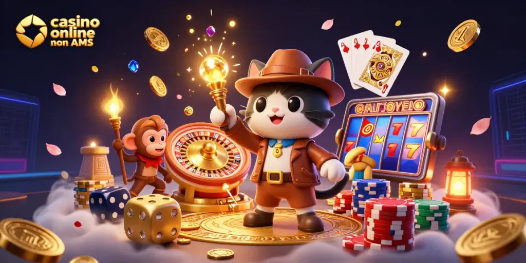 Scopri il mondo dei casino online non AAMS con un gatto esploratore e un compagno scimmia in un'avventura illuminata.