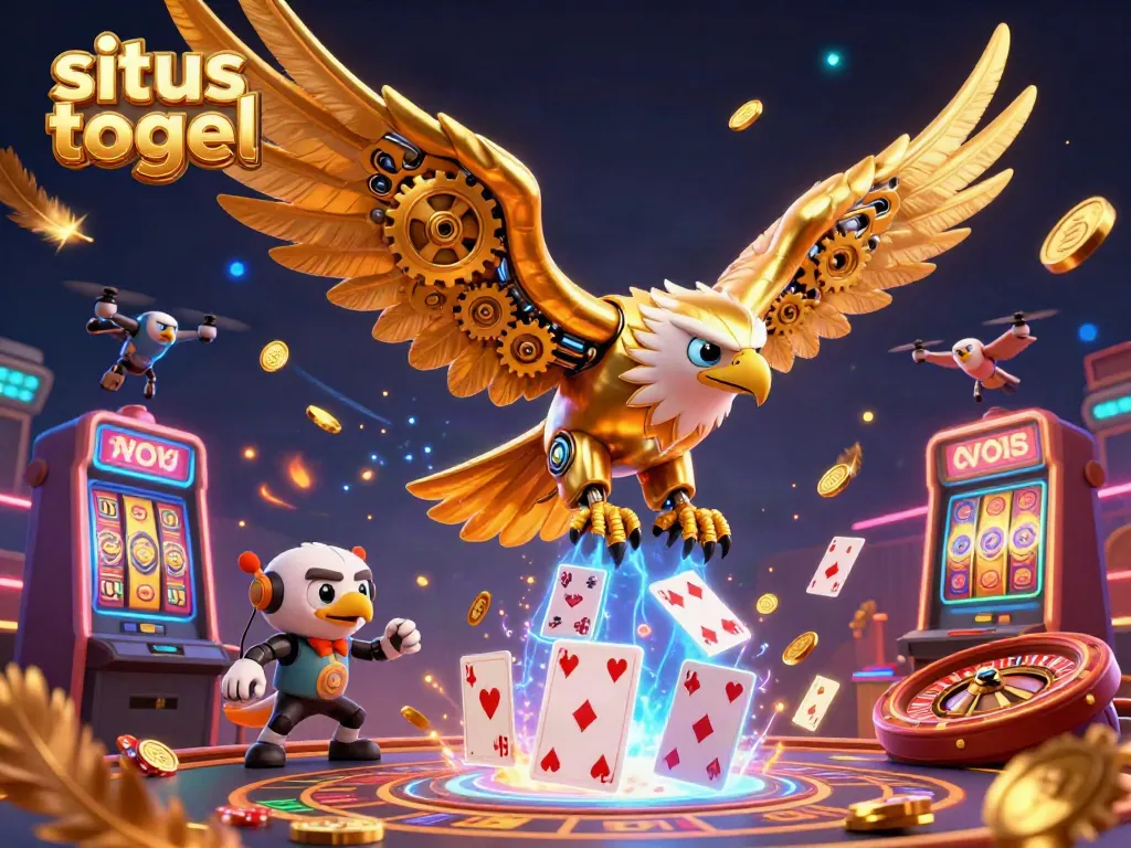 Experience thrilling situs togel action with a cybernetic eagle amidst dynamic casino elements and vibrant visuals.