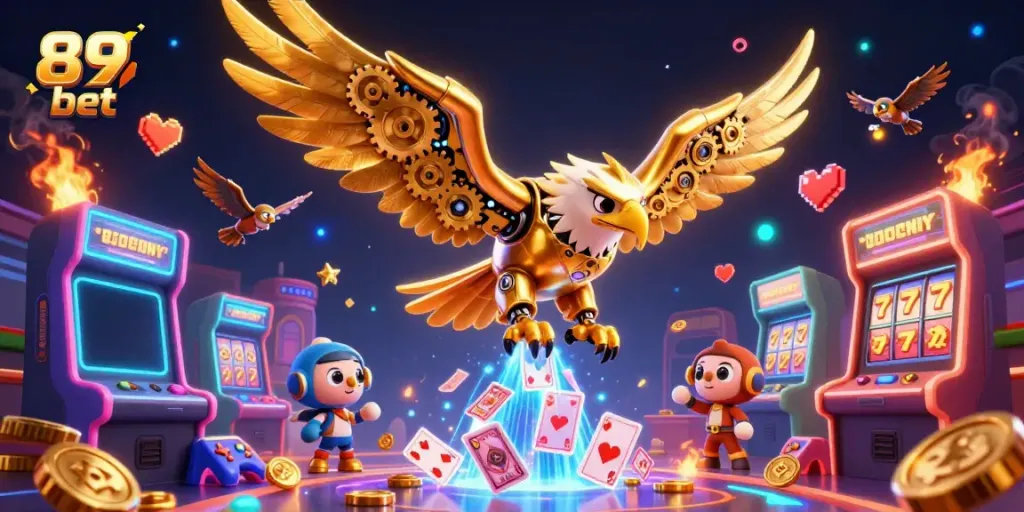 Dive into winning strategies with 89 bet, illustrated by a golden eagle amidst vibrant casino elements.