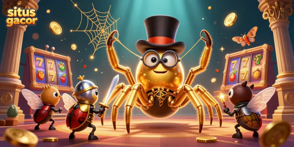 Interact with situs gacor as a golden tarantula and beetle knight engage in a vibrant casino scene.