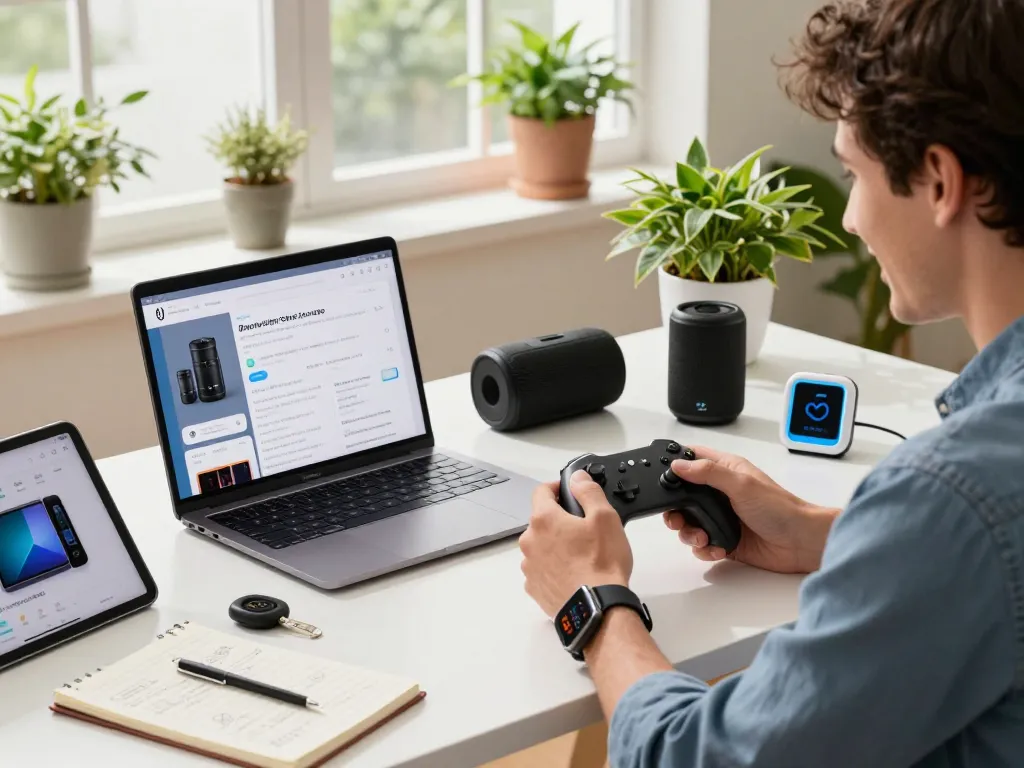 Engaged tech enthusiast exploring smart tech gadgets like Bluetooth controllers and speakers in a modern workspace.