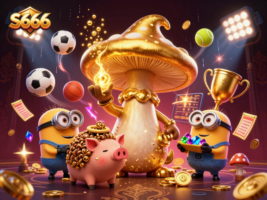 S666 unleashes magical gambling fun through vibrant 3D illustration with sports elements and treasures.