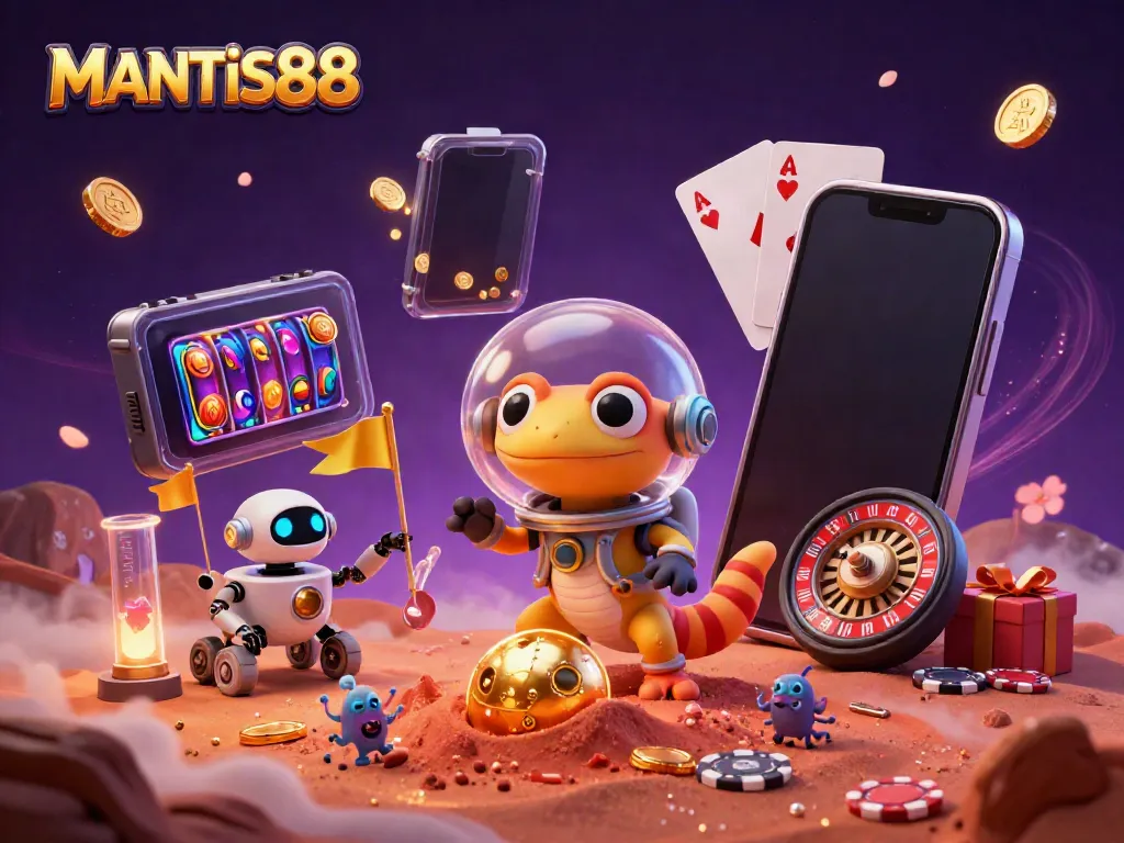 MANTIS88 players engage with a vibrant casino scene of winning slots and cheering aliens in a cosmic adventure.