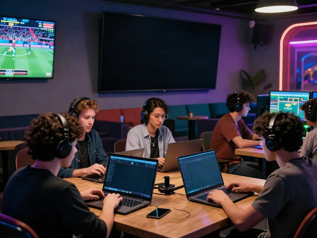 FABET online betting excitement with diverse players in a modern gaming lounge.