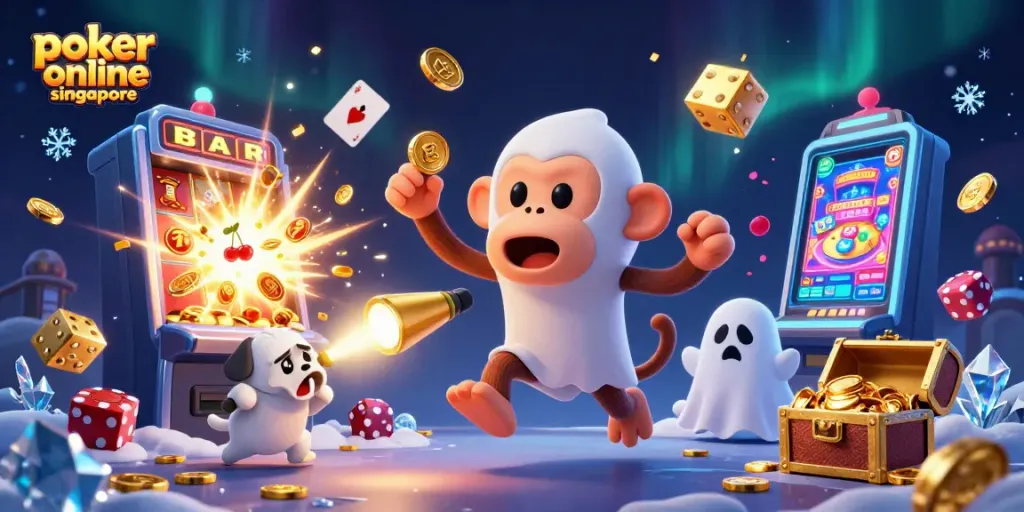 Experience poker online singapore fun with a playful poltergeist monkey and ghost-hunter puppy in a casino scene.