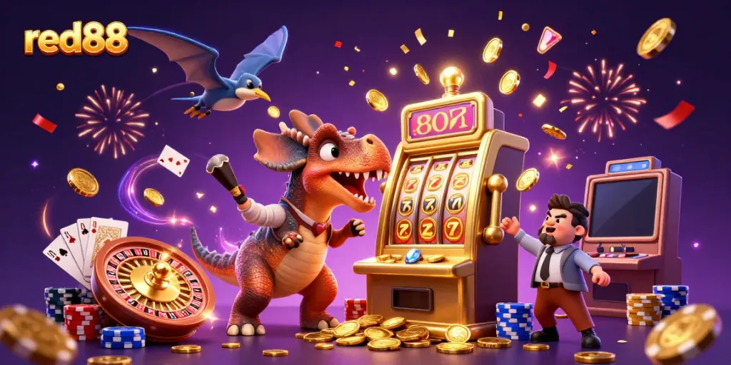 Experience the excitement of red88 with animated casino dinosaurs and golden jackpot winnings.