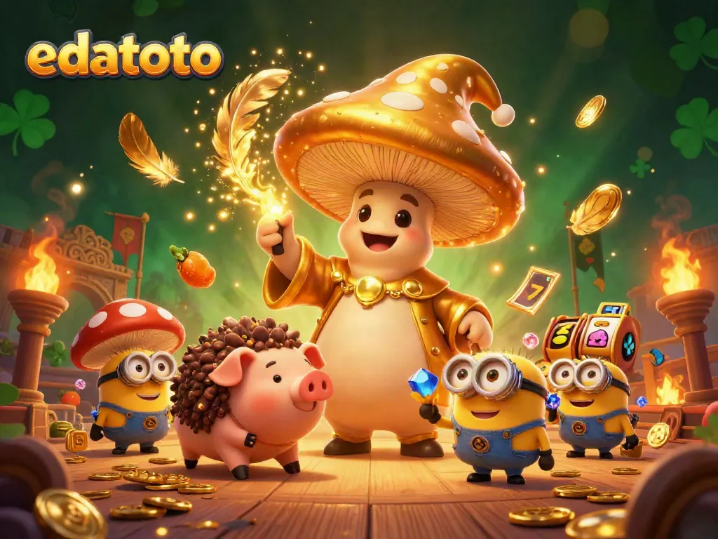 Experience thrilling online gaming action with edatoto in this vibrant, magical scene featuring treasure, characters, and dynamic elements.