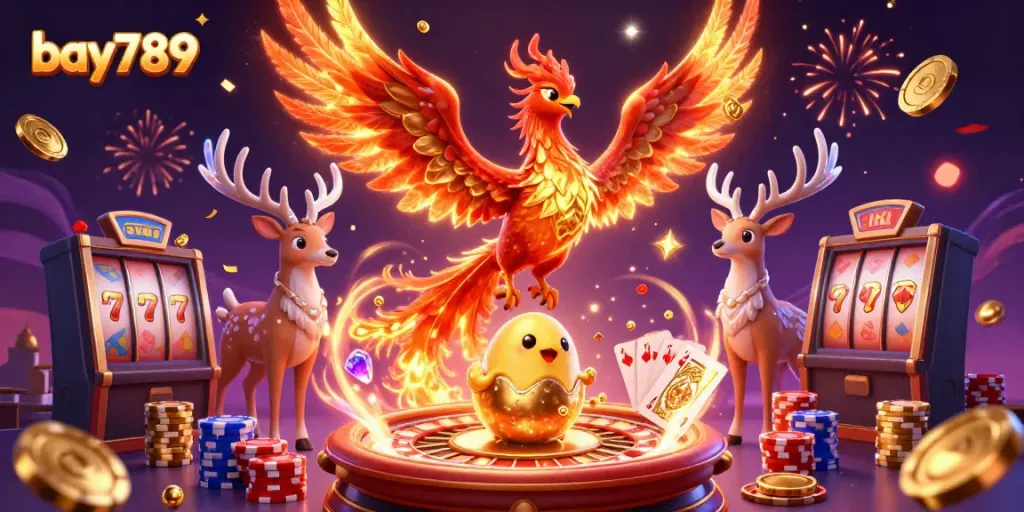 Experience thrilling gaming action with bay789, featuring a phoenix and casino elements in vibrant colors.