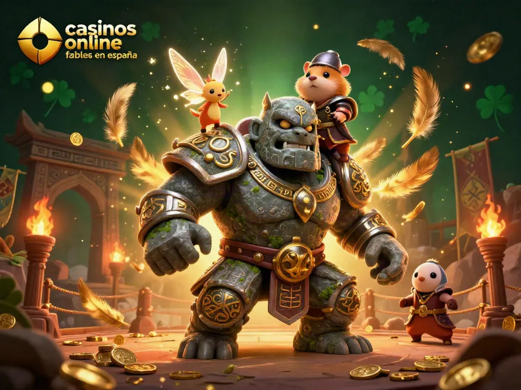Descubre casinos online fiables en España a través de una emocionante ilustración 3D con un guardián golem mágico.