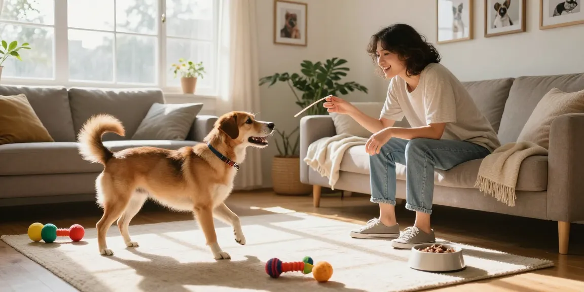 rokok88 pet care tips in a cozy living room with owner playing fetch with dog